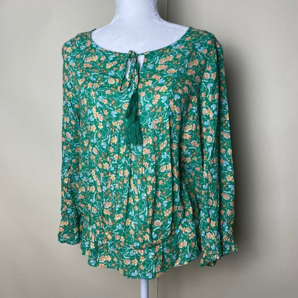 NWT Rachel Zoe Green Floral Banded Bottom Blouse - Picture 1 of 6